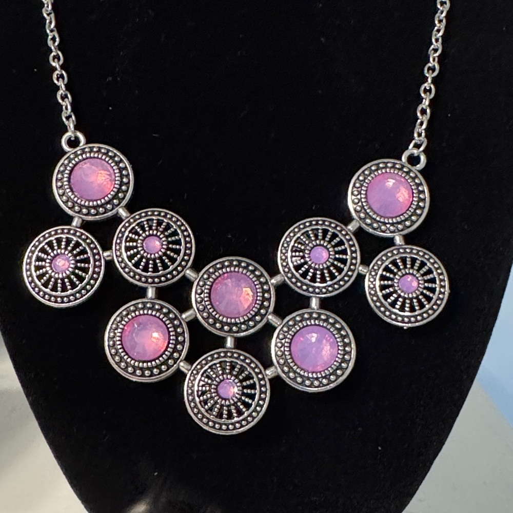 Marcasite Pink/Purple Circle Medallion Bib Necklace - Women Jewelry